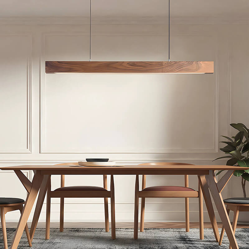 Luster pendant light by Jusole Lights – a high-power LED fixture crafted from white ash and walnut wood. Features flicker-free lighting (cool/warm/neutral tones) and 200cm adjustable cable. Perfect for modern offices, dining areas, and conference rooms.