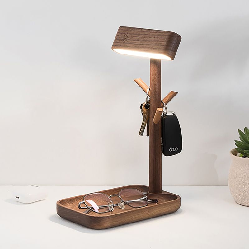 Nova Nordic Sleek Key Holder Mini Table Lamp with magnetic base, walnut/beech wood, 4000K LED light. Ideal for desks, shelves, or entryways.