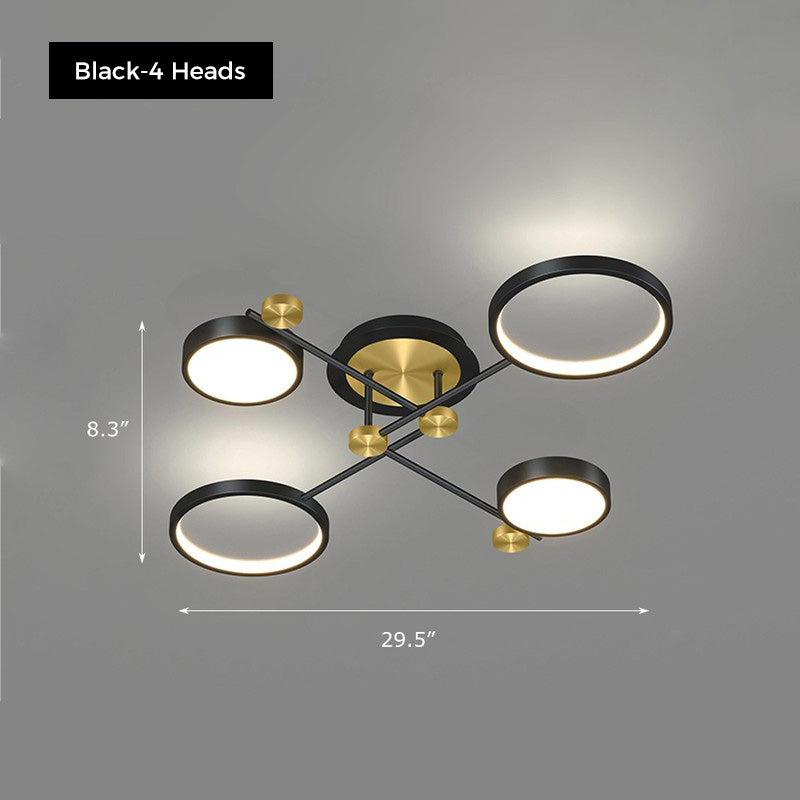Orbis ceiling light by Jusole Lights - modern design, black and golden aluminum ring frames, shown in 4, 6, and 8 head variations, glowing in warm and cool white light.