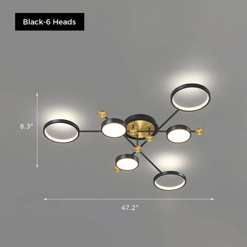 Orbis ceiling light by Jusole Lights - modern design, black and golden aluminum ring frames, shown in 4, 6, and 8 head variations, glowing in warm and cool white light.
