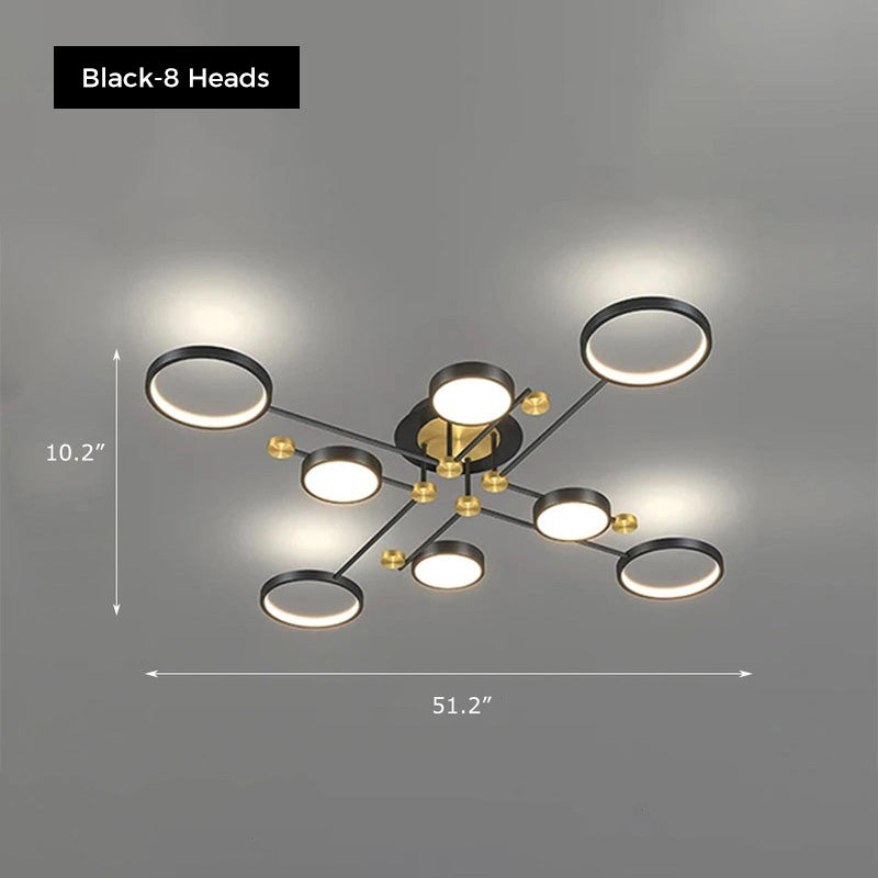 Orbis ceiling light by Jusole Lights - modern design, black and golden aluminum ring frames, shown in 4, 6, and 8 head variations, glowing in warm and cool white light.