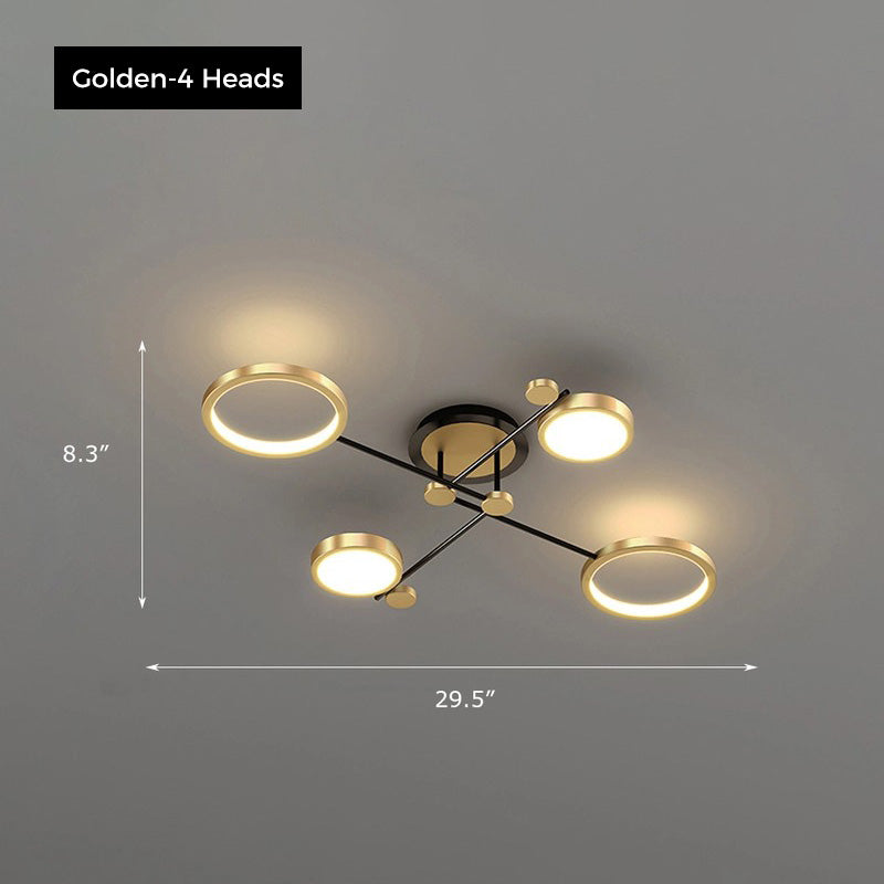 Orbis ceiling light by Jusole Lights - modern design, black and golden aluminum ring frames, shown in 4, 6, and 8 head variations, glowing in warm and cool white light.
