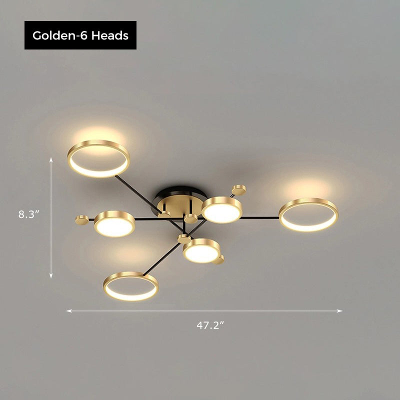 Orbis ceiling light by Jusole Lights - modern design, black and golden aluminum ring frames, shown in 4, 6, and 8 head variations, glowing in warm and cool white light.