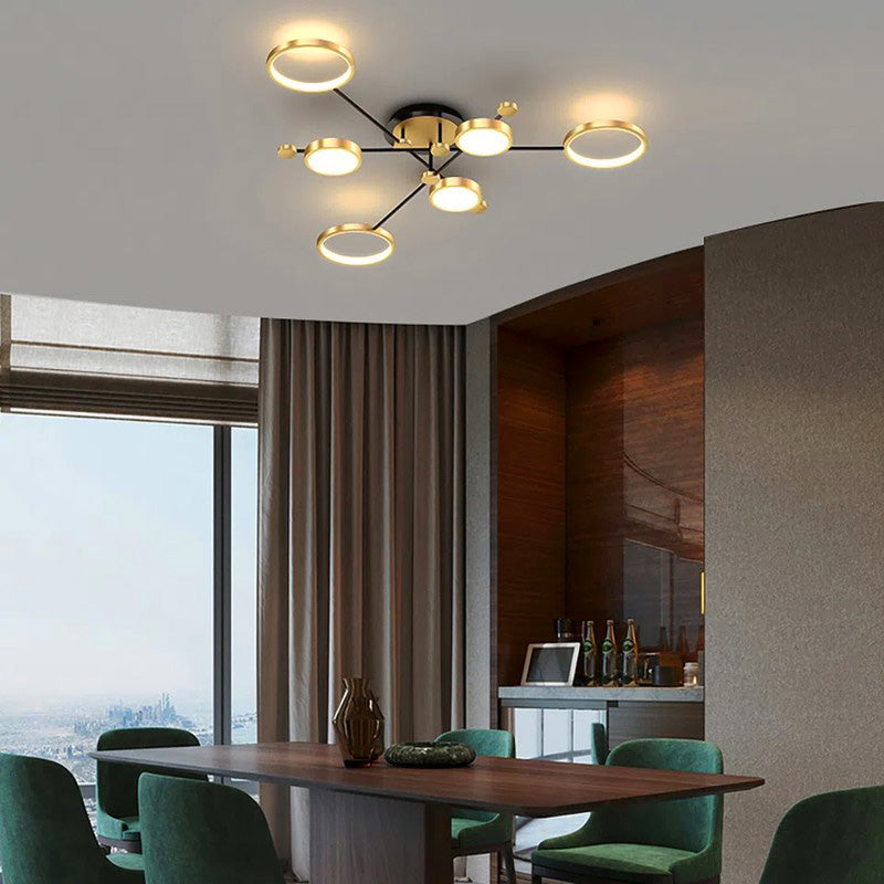 Orbis ceiling light by Jusole Lights - modern design, black and golden aluminum ring frames, shown in 4, 6, and 8 head variations, glowing in warm and cool white light.