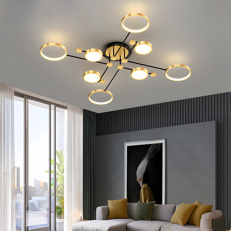 Orbis ceiling light by Jusole Lights - modern design, black and golden aluminum ring frames, shown in 4, 6, and 8 head variations, glowing in warm and cool white light.