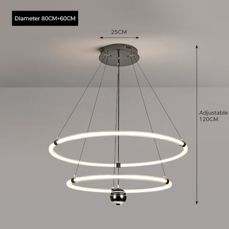 Orbita modern pendant light with acrylic rings, stepless dimming, 3 color temperatures, and 150cm adjustable suspension, ideal for living rooms, dining areas, and creative spaces.
