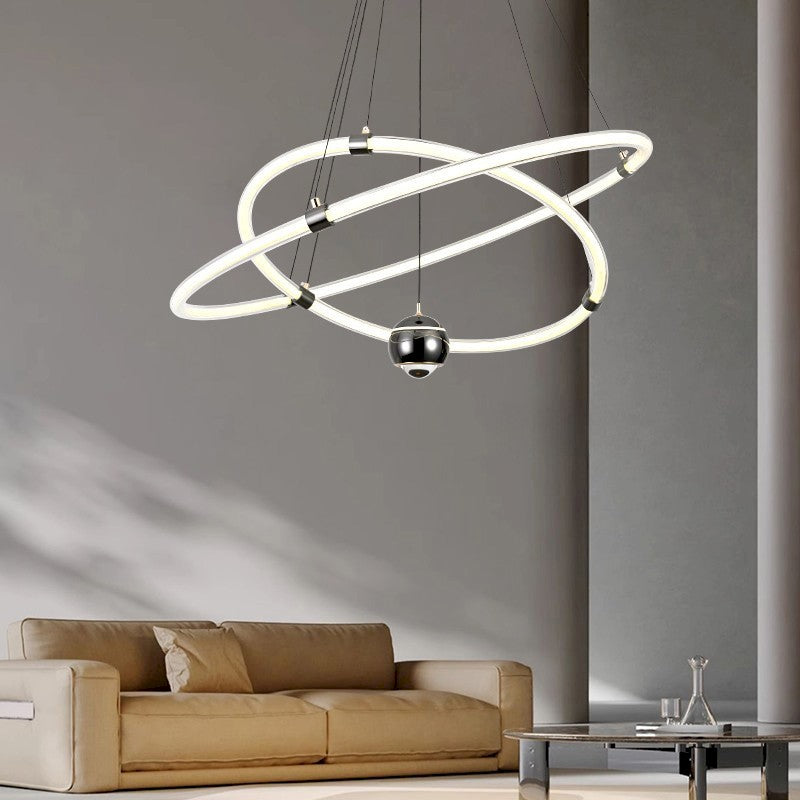 Orbita modern pendant light with acrylic rings, stepless dimming, 3 color temperatures, and 150cm adjustable suspension, ideal for living rooms, dining areas, and creative spaces.