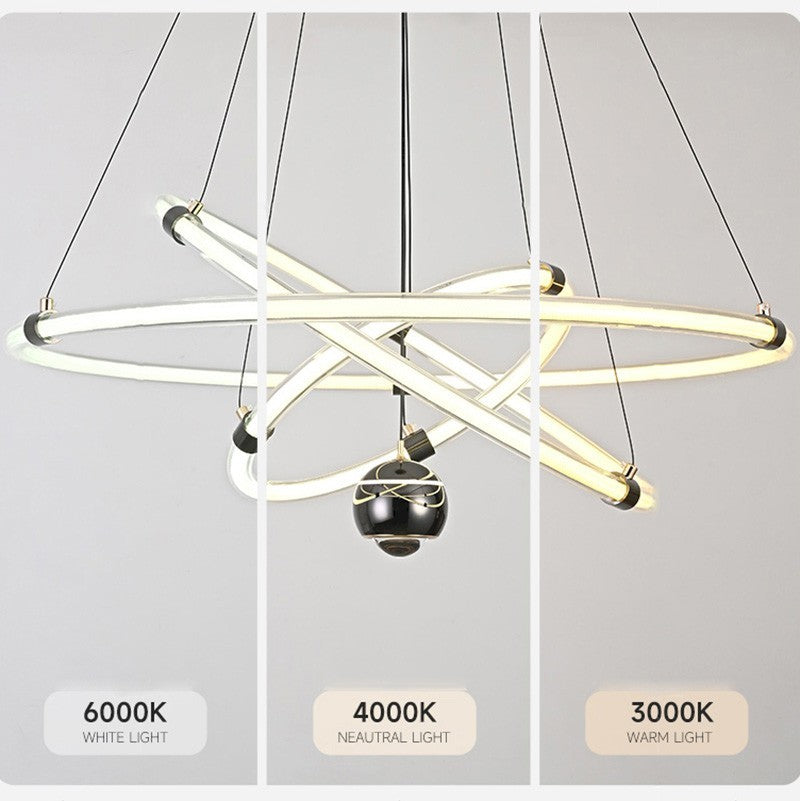 Orbita modern pendant light with acrylic rings, stepless dimming, 3 color temperatures, and 150cm adjustable suspension, ideal for living rooms, dining areas, and creative spaces.