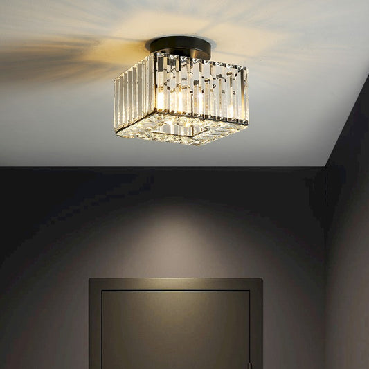 Prisma crystal ceiling light  in black or gold, featuring K9 crystal and metal. LED E27 with three color temperatures, perfect for hallway, kitchen, or balcony lighting.