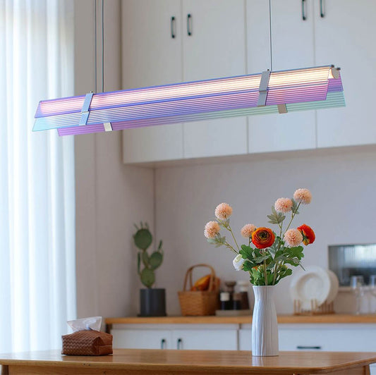 Jusole Lights - Radiance - minimalist linear pendant light, choose between rainbow acrylic (prismatic hues) or transparent acrylic shade, with 3-color dimming (3000K–6000K). Sleek design, bold statement.