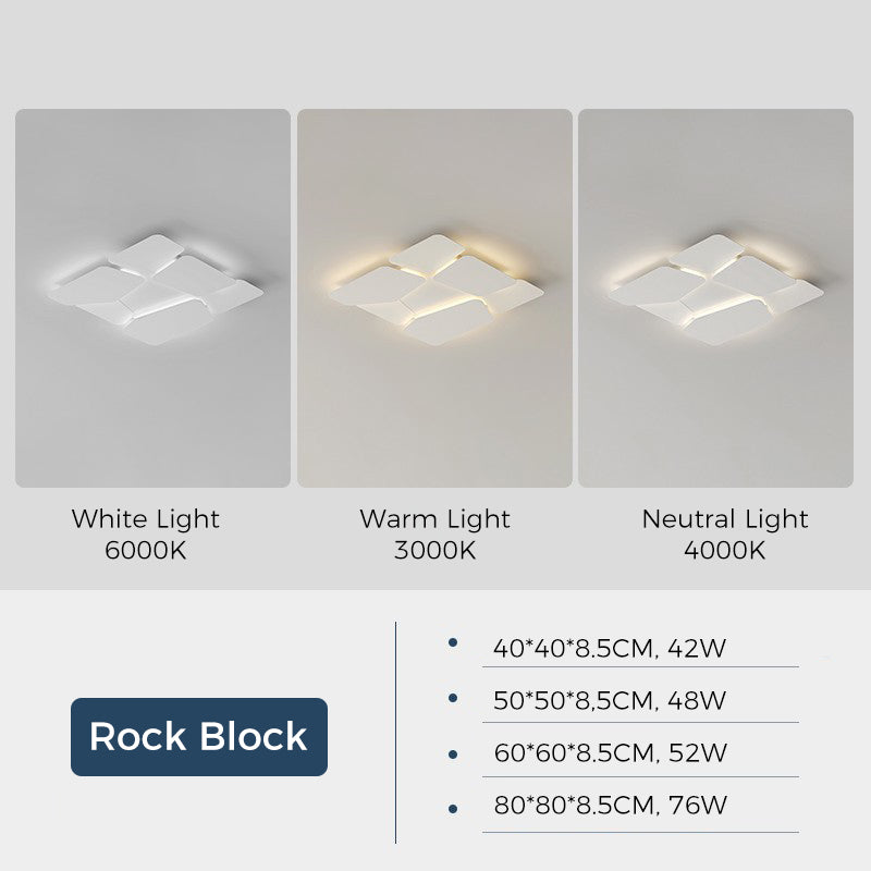 Jusole Lights – Serenity – Modern ceiling light in Clover and Rock Block styles, available in 5 sizes. Features semi-flush mount, tri-color LED, acrylic diffuser, iron frame, and remote-controlled color temperature and brightness adjustment.