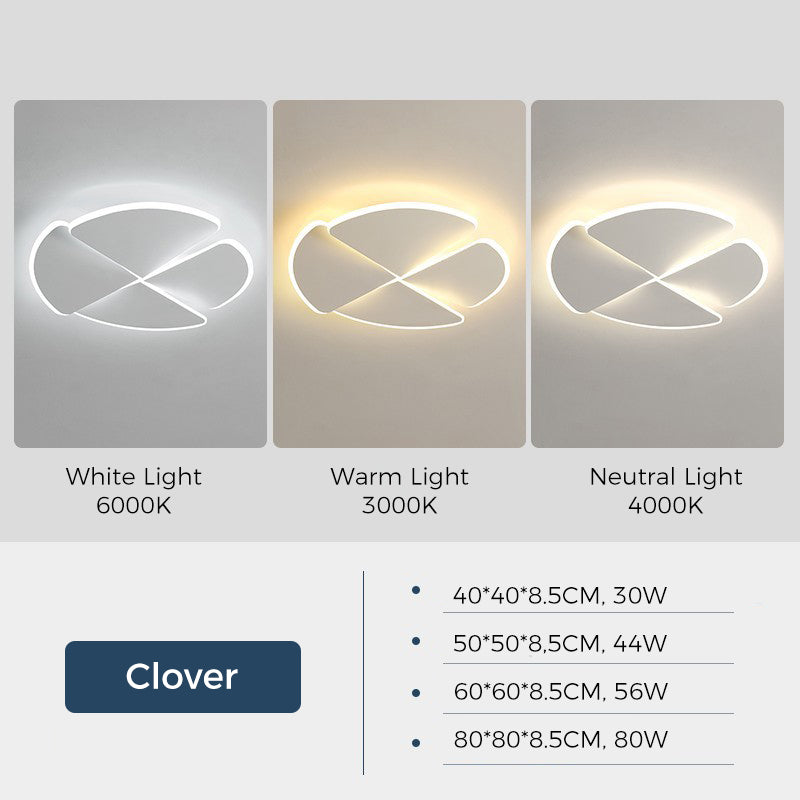 Jusole Lights – Serenity – Modern ceiling light in Clover and Rock Block styles, available in 5 sizes. Features semi-flush mount, tri-color LED, acrylic diffuser, iron frame, and remote-controlled color temperature and brightness adjustment.