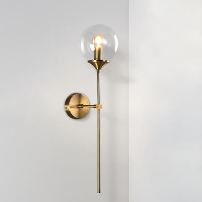 Jusole Lights - Torch - Nordic modern LED wall lamp with brass finish and glass globe. Available in smoky gray, transparent, and amber. E14 socket, warm glow for elegant interiors.