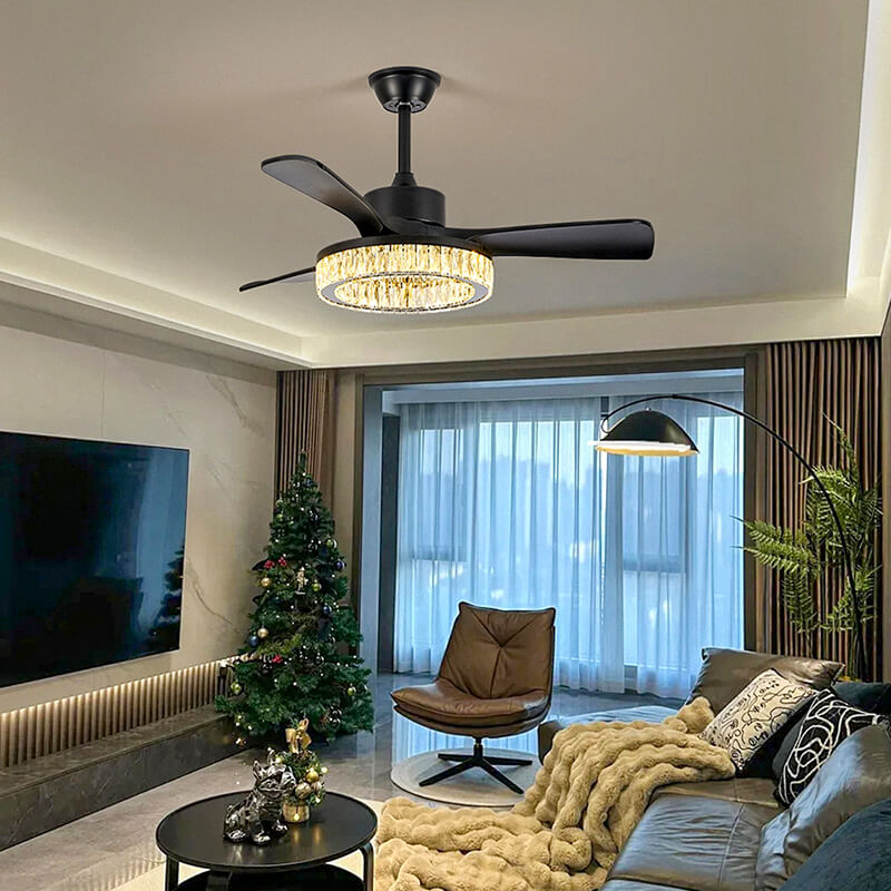 Vortex Modern crystal ceiling fan light with ABS blades in black or walnut finish, K9 crystal shade, tri-color stepless dimming, ultra-quiet 32dB design, and contemporary style for home interiors.