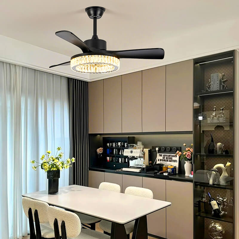 Vortex Modern crystal ceiling fan light with ABS blades in black or walnut finish, K9 crystal shade, tri-color stepless dimming, ultra-quiet 32dB design, and contemporary style for home interiors.