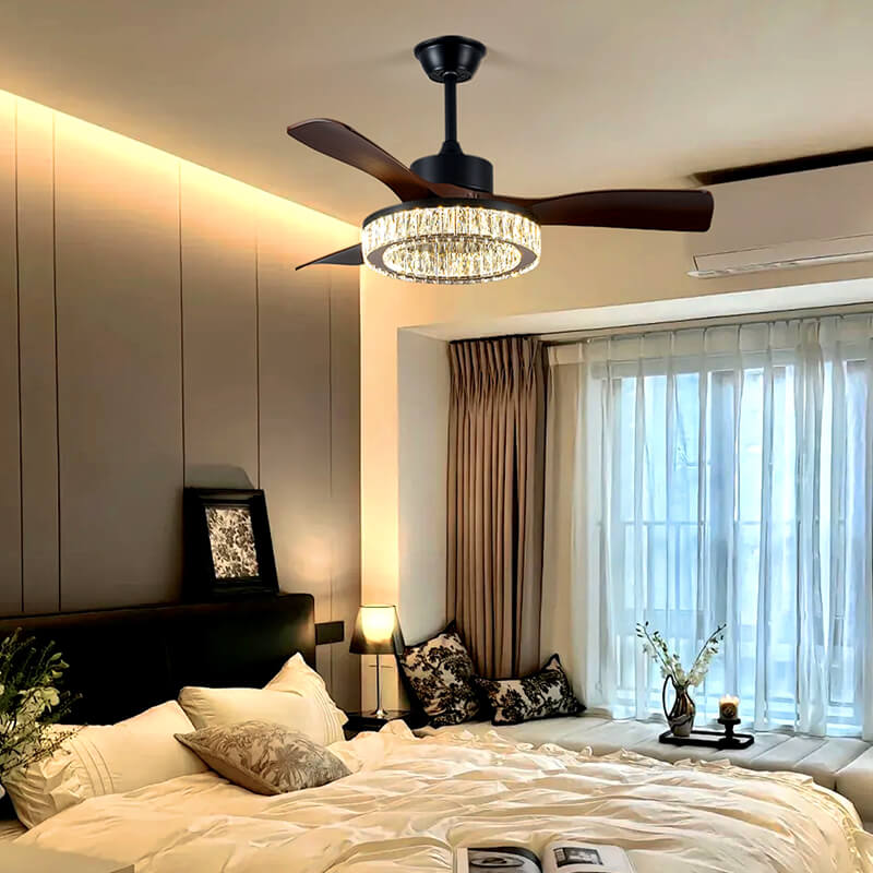 Vortex Modern crystal ceiling fan light with ABS blades in black or walnut finish, K9 crystal shade, tri-color stepless dimming, ultra-quiet 32dB design, and contemporary style for home interiors.