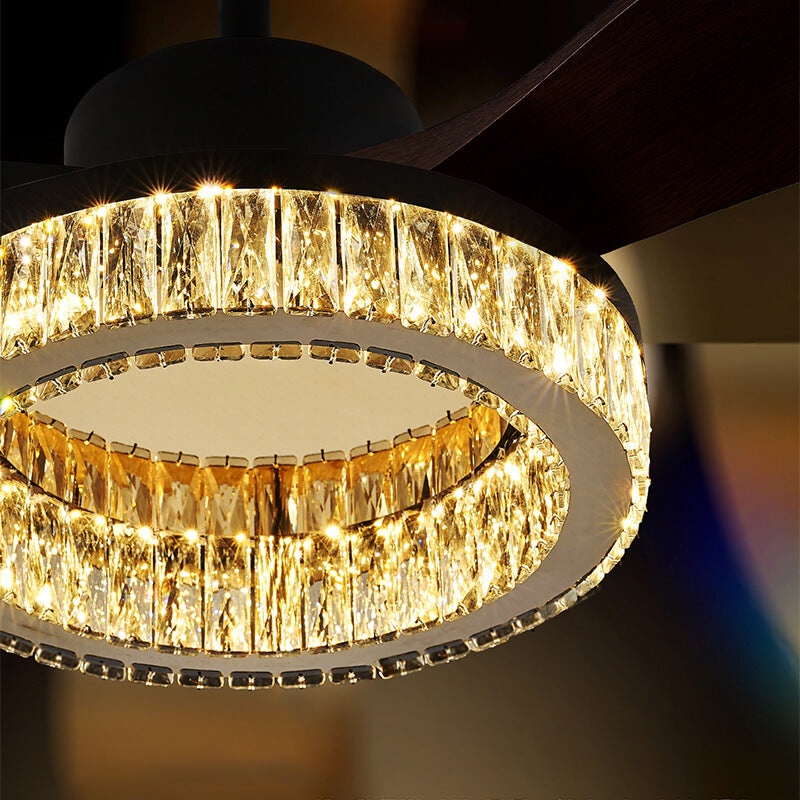 Vortex Modern crystal ceiling fan light with ABS blades in black or walnut finish, K9 crystal shade, tri-color stepless dimming, ultra-quiet 32dB design, and contemporary style for home interiors.