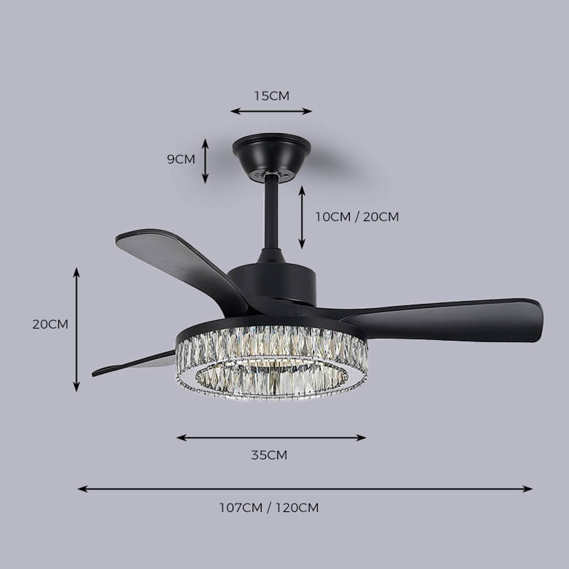 Vortex Modern crystal ceiling fan light with ABS blades in black or walnut finish, K9 crystal shade, tri-color stepless dimming, ultra-quiet 32dB design, and contemporary style for home interiors.