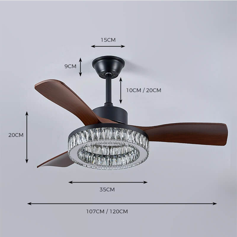 Vortex Modern crystal ceiling fan light with ABS blades in black or walnut finish, K9 crystal shade, tri-color stepless dimming, ultra-quiet 32dB design, and contemporary style for home interiors.