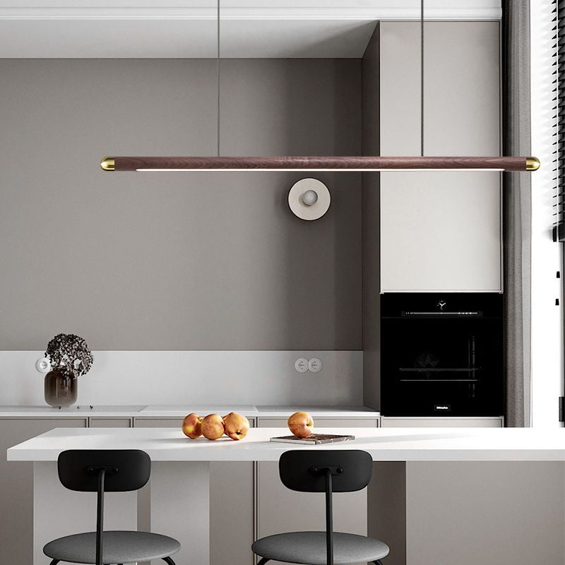 Vylis Pendant Light - 110cm circular Black Walnut rod with copper-rounded corners, minimalist design, adjustable warm/neutral/white lighting. Ideal for kitchens, dining rooms, bedrooms, and studies.