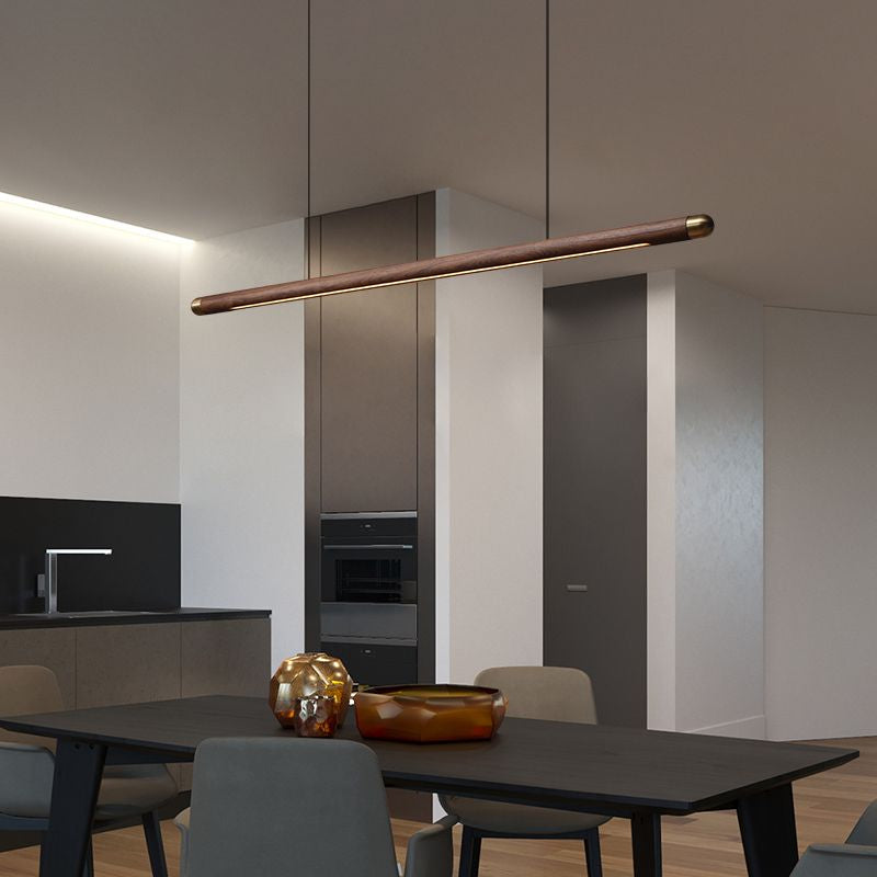 Vylis Pendant Light - 110cm circular Black Walnut rod with copper-rounded corners, minimalist design, adjustable warm/neutral/white lighting. Ideal for kitchens, dining rooms, bedrooms, and studies.