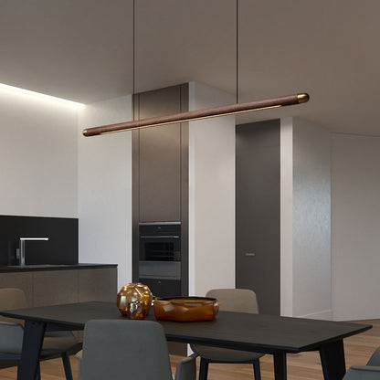 Vylis Pendant Light - 110cm circular Black Walnut rod with copper-rounded corners, minimalist design, adjustable warm/neutral/white lighting. Ideal for kitchens, dining rooms, bedrooms, and studies.