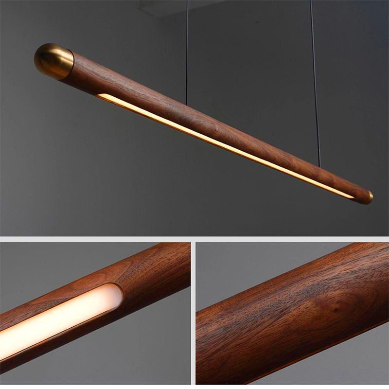 Vylis Pendant Light: 110cm circular Black Walnut rod with copper-rounded corners, minimalist design, adjustable warm/neutral/white lighting. Ideal for kitchens, dining rooms, bedrooms, and studies.
