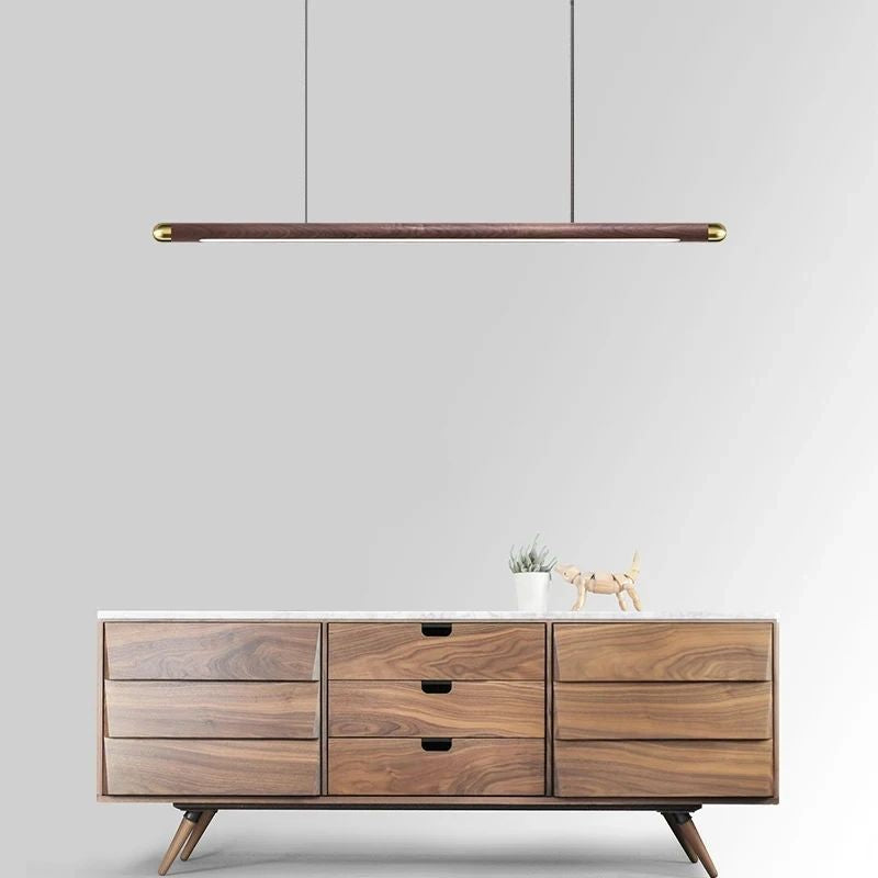 Vylis Pendant Light - 110cm circular Black Walnut rod with copper-rounded corners, minimalist design, adjustable warm/neutral/white lighting. Ideal for kitchens, dining rooms, bedrooms, and studies.