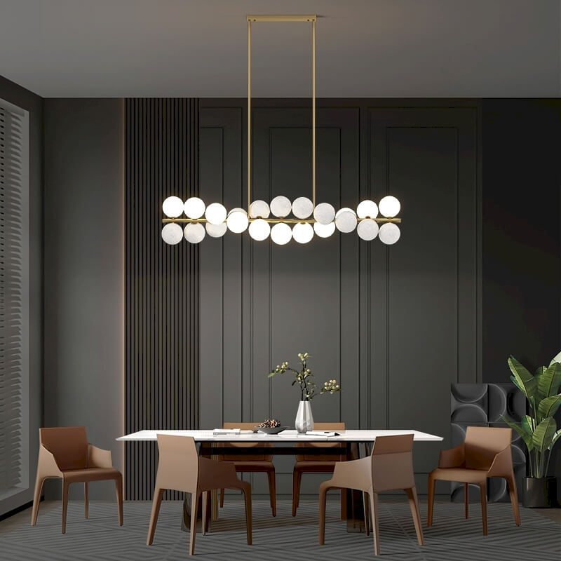 Zephyr Luxury Nordic Chandelier with full brass body and glass globe shades, featuring stepless dimming, suitable for dining room, living room, and designer interiors.